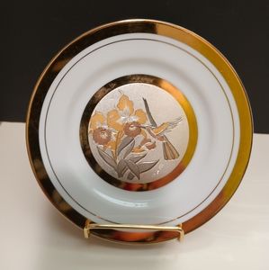 Chokin 24kt Gold Plated Hummingbird Flowers 6" Collector Plate - Japan